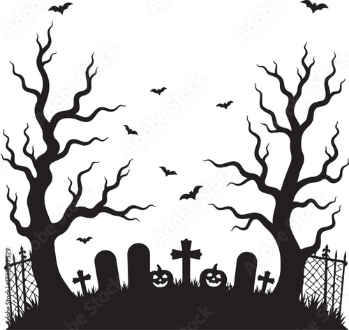 Halloween graveyard silhouette with bare trees and flying bats