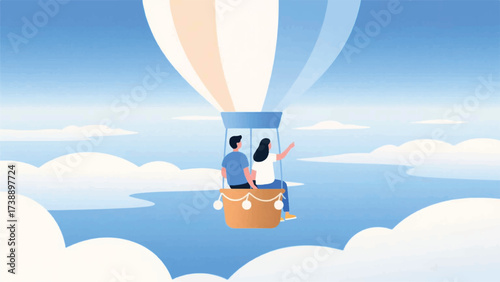 A Couple on Vacation in a Hot Air Balloon Illustrator Artwork Banner Background Design Template 