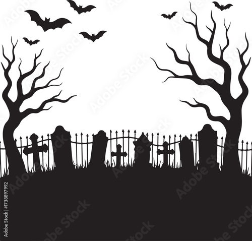 Halloween graveyard silhouette with bats and bare trees