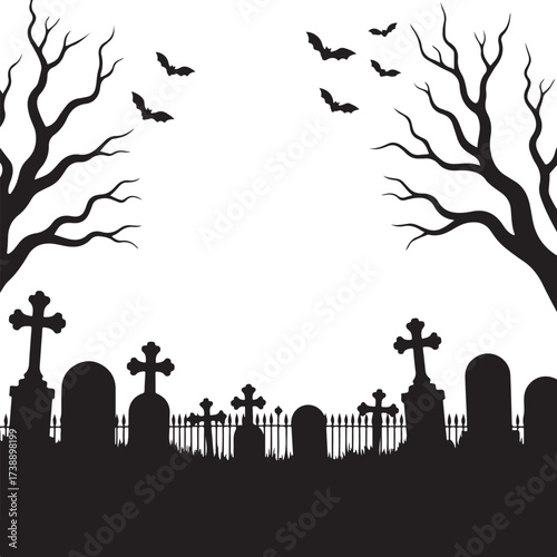 Halloween graveyard silhouette with bats and bare trees