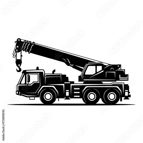 Monochrome depiction of a robust mobile crane designed for heavy lifting operations
