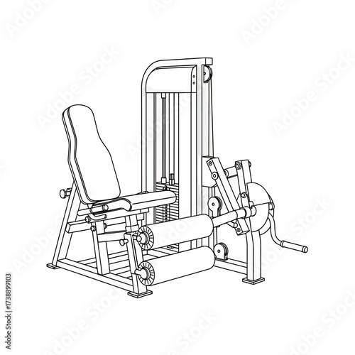 Line art illustration showcasing a leg extension machine for strength training regimen