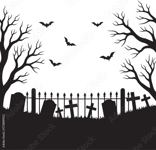 Halloween graveyard silhouette with bats and bare trees