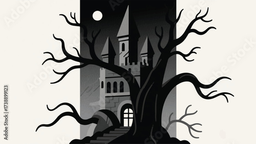 Creepy Trees and Castles Illustrator Artwork Banner Background Design Template 