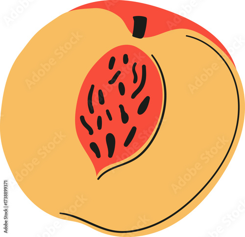 Stylized illustration of a sliced peach with its pit