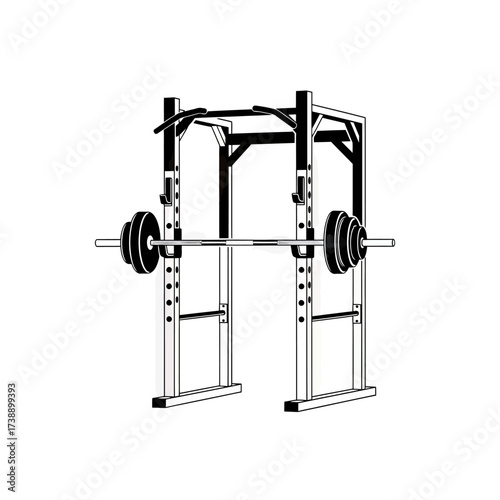 Monochrome depiction of a weightlifting cage equipped with barbell and plates for strength training