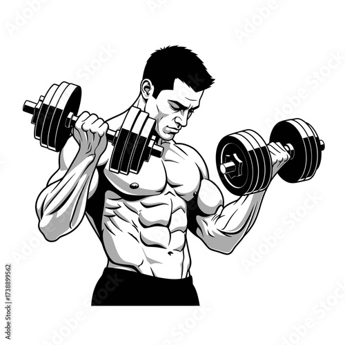 Vector illustration depicting a muscular man engaged in weightlifting activities for strength