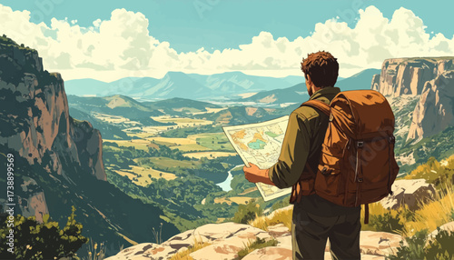 A man with a backpack looking at a map in a scenic mountain landscape.