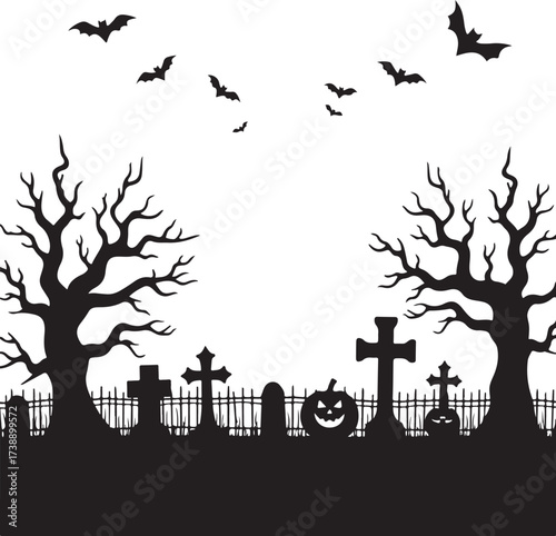 Halloween graveyard silhouette with bats and bare trees