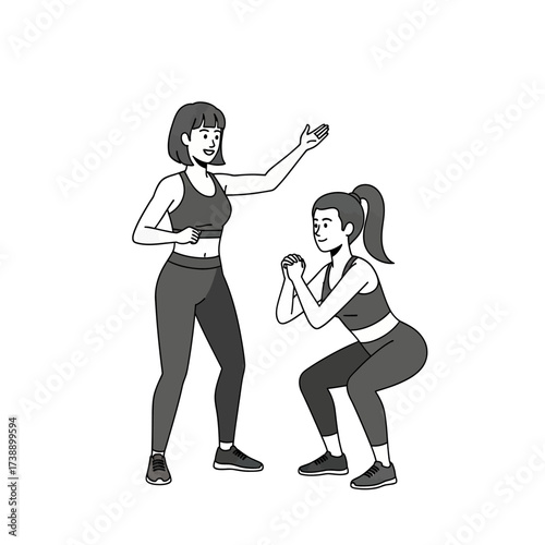 Illustrative fitness session, instructor guiding squat technique for enhanced wellbeing
