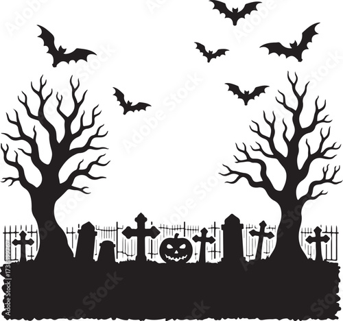 Halloween graveyard silhouette with bats and bare trees