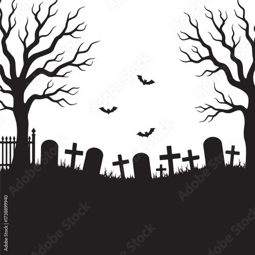Halloween graveyard silhouette with bats and bare trees
