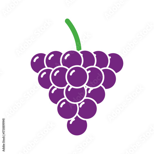 Stylized graphic representation of a vibrant purple grape cluster with a green stem