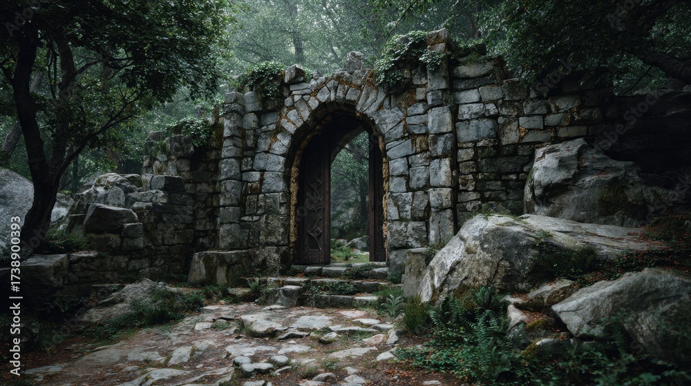 Fototapeta premium Mystical Stone Archway Surrounded by Lush Forest Landscape