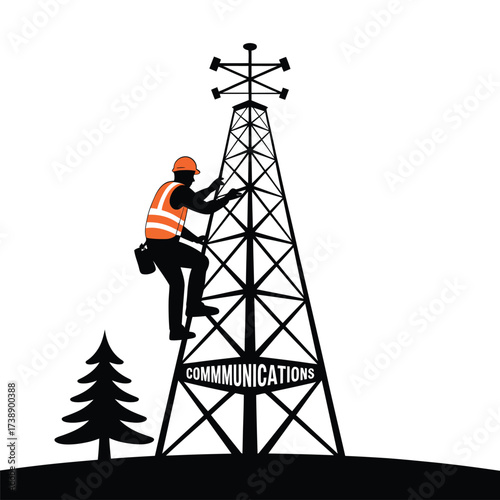 Worker climbing a tall communication tower for maintenance
