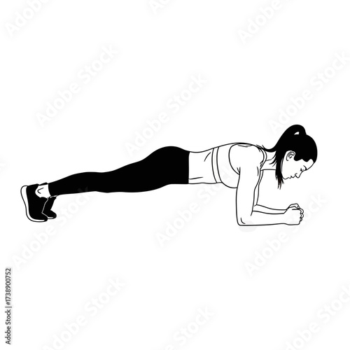 Illustrative depiction of a woman practicing the forearm plank exercise position