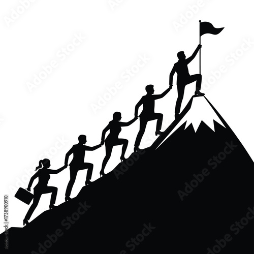 Team climbing mountain to reach summit with flag