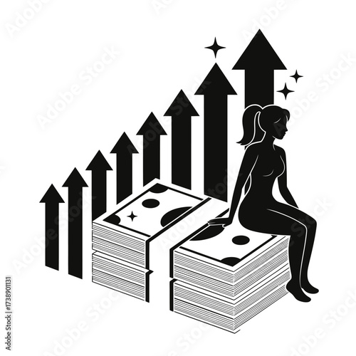 Woman sitting on money stack with upward growth arrows and stars