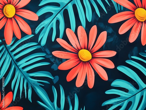 Vibrant Coral Flowers and Teal Tropical Leaves Pattern