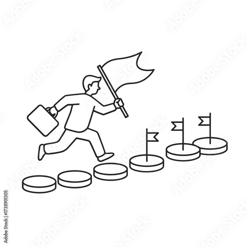 Man running up stairs with flag and briefcase towards goals