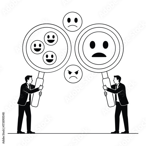 Businessmen examine customer feedback with magnifying glasses showing happy and sad faces