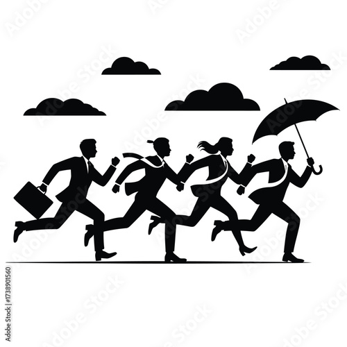 Business people running in the rain with one person holding an umbrella