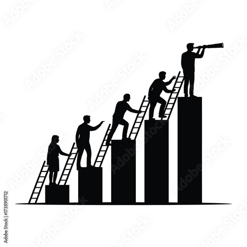 Team climbing ladders up a bar graph towards future success