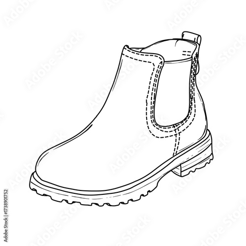A black and white line drawing of a single childs Chelsea boot, showing its elastic side panels and sturdy sole.