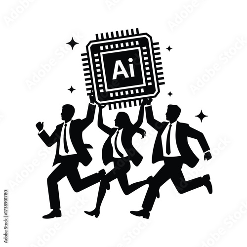 Team carrying a large ai chip symbolizing technological advancement