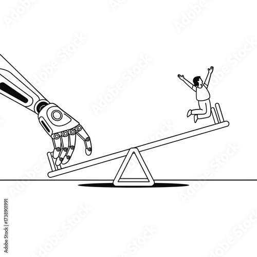 Robot arm balances happy person on a seesaw