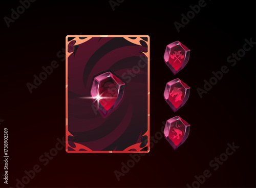 Fantasy red crystal card back with elemental rune variations. Magic fire gem TCG card back design with dragon, flame, and power symbols for RPG, strategy, and collectible card games.