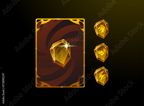 Fantasy yellow crystal card back with elemental rune variations. Lightning and energy gem TCG card back design with thunder, beast, and power symbols for RPG, strategy, and collectible card games.