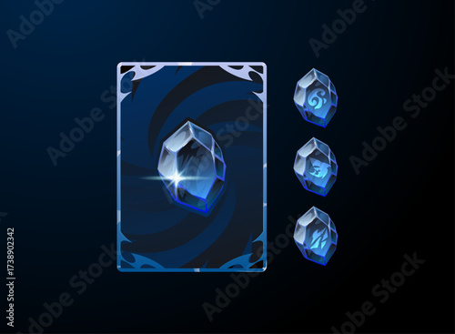 Fantasy blue crystal card back with elemental air, frost, ice, and shark runes. RPG and TCG collectible card design featuring glowing gemstone variations and swirling arcane background