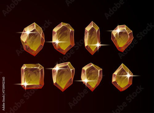 Golden shiny crystal gemstone collection with sparkle highlights. Premium RPG and fantasy game asset set featuring glowing polished gems in multiple shapes for TCG card design, treasure icon
