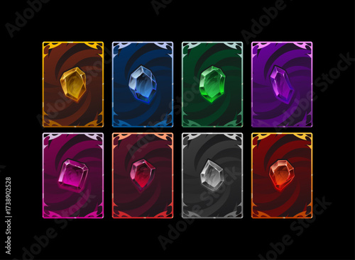 Fantasy elemental card back collection with colorful crystal gems. Magic rune stone themed TCG card backs in 8 colors for RPG games, deck builders, and collectible card interfaces.