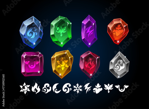 Elemental crystal rune set. Colorful magic gemstones with engraved elemental symbols, fantasy RPG resources for spell crafting and alchemy system, collectible item asset for adventure games