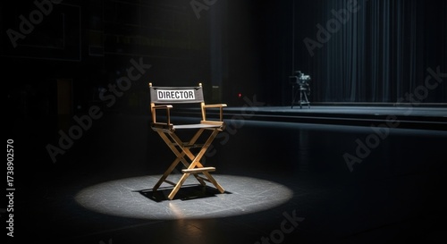 A spotlight illuminates a director's chair positioned centrally on a stage, creating a sense of anticipation and drama.