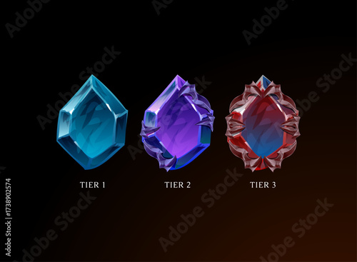 Tier evolution crystal progression set. Fantasy gemstone upgrade from tier 1 to tier 3 with magical color transformation and spiked armor details, collectible resource asset for RPG games