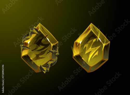 Lightning elemental rune crystal evolution set. Fantasy magical gemstones with thunder symbols and glowing power effect, collectible upgrade resource asset for RPG games and spell crafting