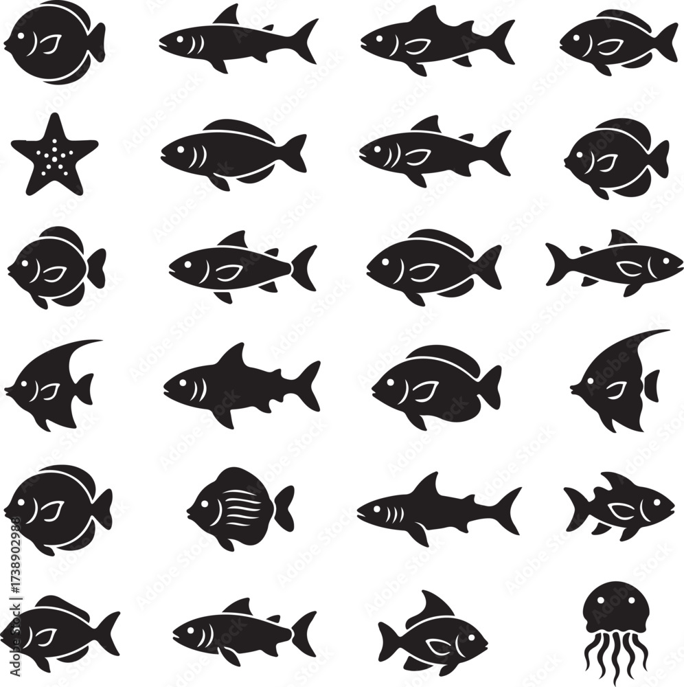 Fototapeta premium Aquatic Icons: A collection of various silhouette fish and marine life illustrations,perfect for design and thematic project. 