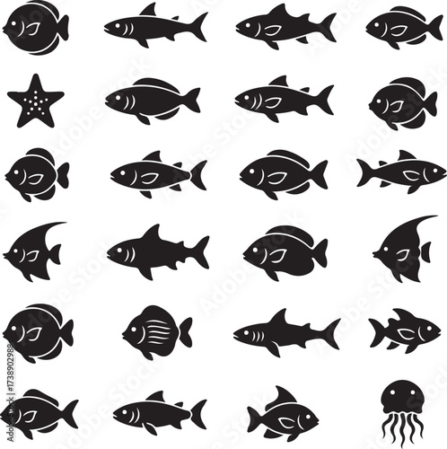 Aquatic Icons: A collection of various silhouette fish and marine life illustrations,perfect for design and thematic project. 