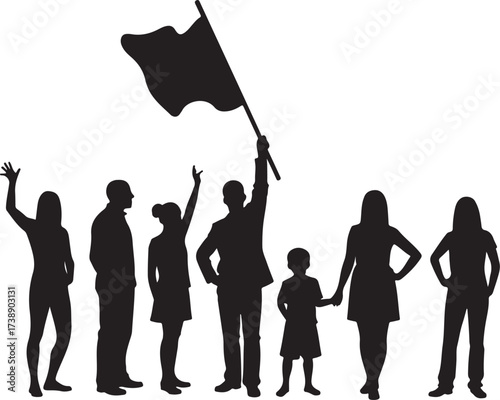 Silhouettes of people holding a flag and raising hands