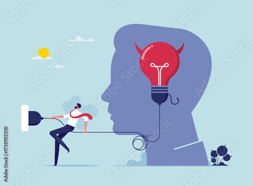 Evil and negative opinion or bad idea concept, businessman trying to unplug bad idea light bulb