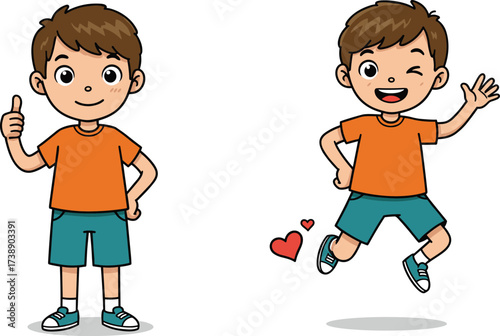 Cute cartoon boy showing thumbs up, happy child illustration, cheerful kid jumping with love hearts, smiling character vector art for education