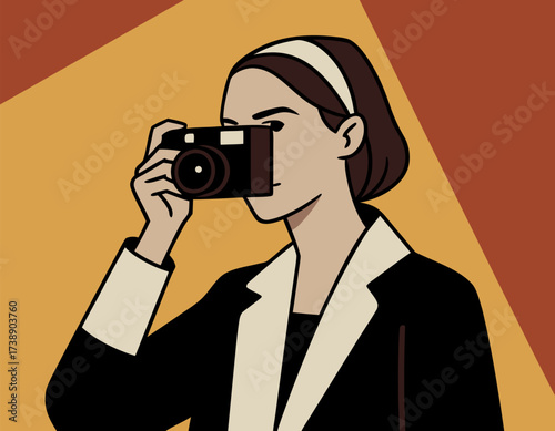 Minimalist Illustration of Woman Photographer with Camera Against Geometric Background