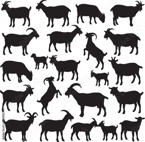 Goat Silhouette Collection: A collection of goat silhouettes, showcasing the unique shapes and postures of these farm animals. Capturing a variety of poses.