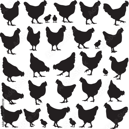 Chicken Silhouette Ensemble: A curated arrangement of elegant chicken silhouettes, showcasing different poses of fowl. capturing the essence of poultry's shape.