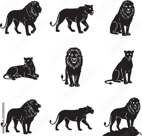 Black Lion Silhouette Set: A striking monochrome illustration showcasing a collection of majestic lion silhouettes in various dynamic poses. Each silhouette, a testament to raw power, grace.