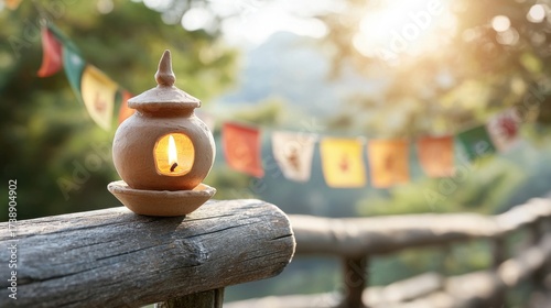 Close-Up of Clay Lantern with Flickering Flame in Natural Setting