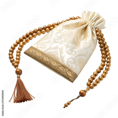 Close-up of Gold Prayer Beads and Tassel on a Decorative Silk Pouch mala rosary